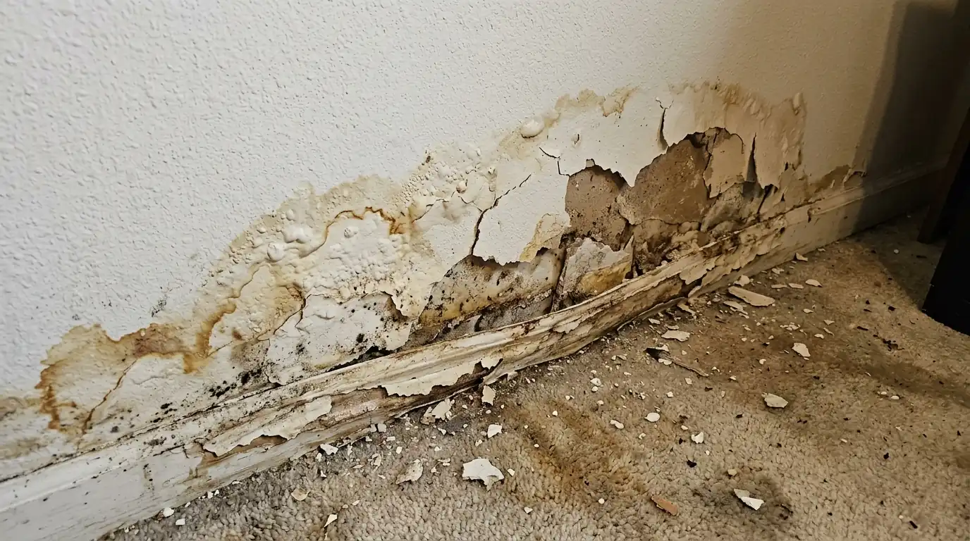 Stained drywall at the base of a basement wall