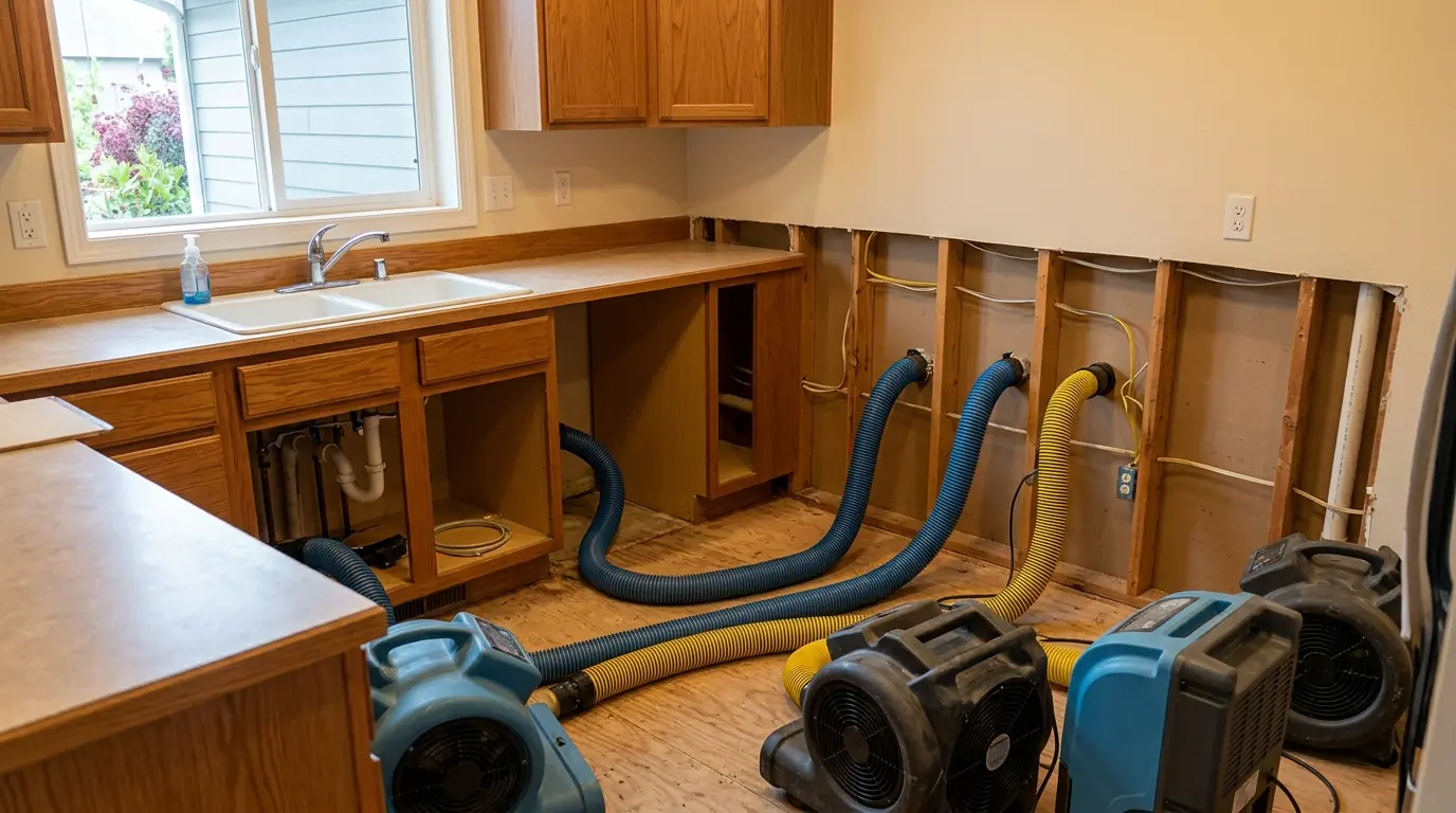 Drying air directed into a wall cavity after a burst pipe