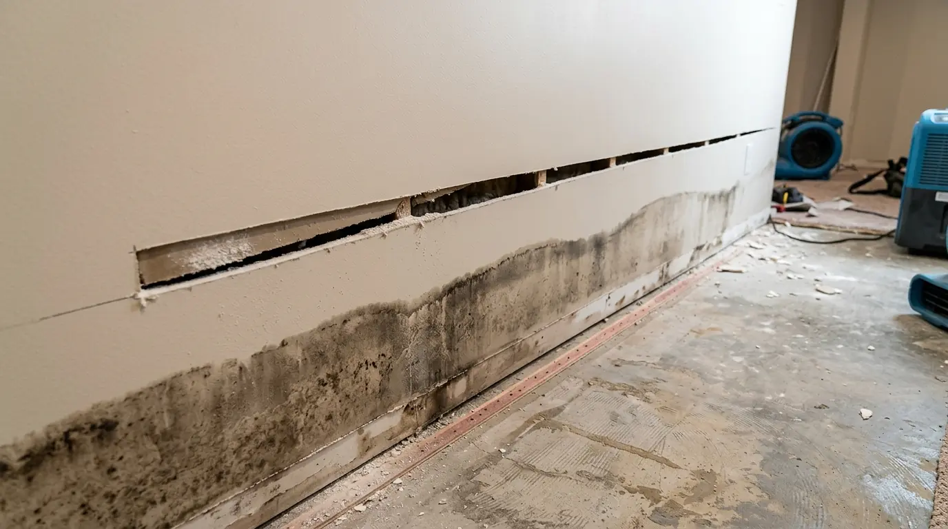 Drywall cut above the water line after a sewage backup