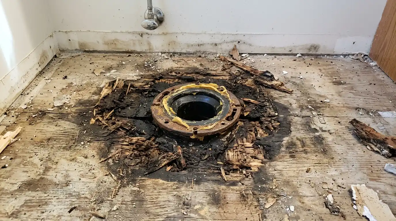 Rotted subfloor around a toilet flange