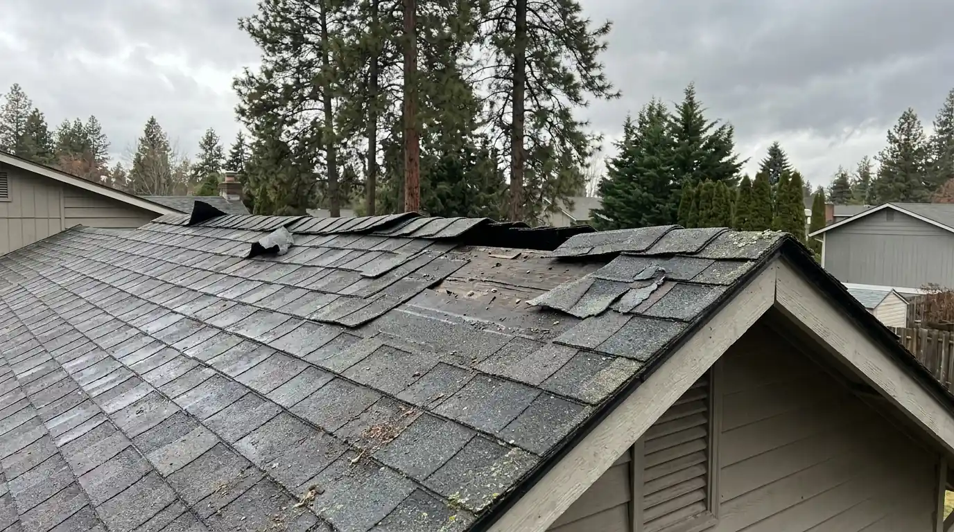 Wind-damaged shingles along a roof ridge