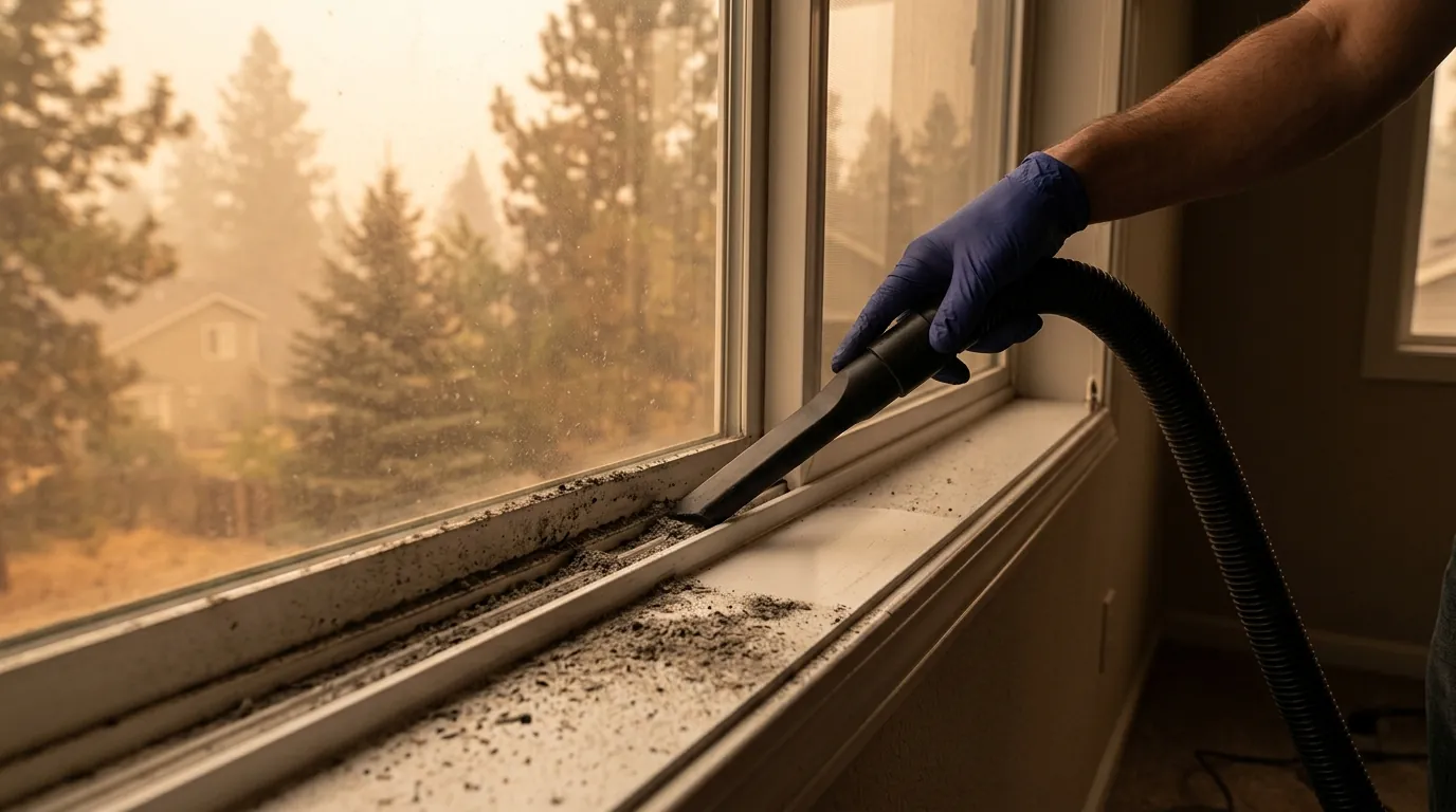 HEPA vacuuming wildfire ash from a window sill in a Spokane Valley home