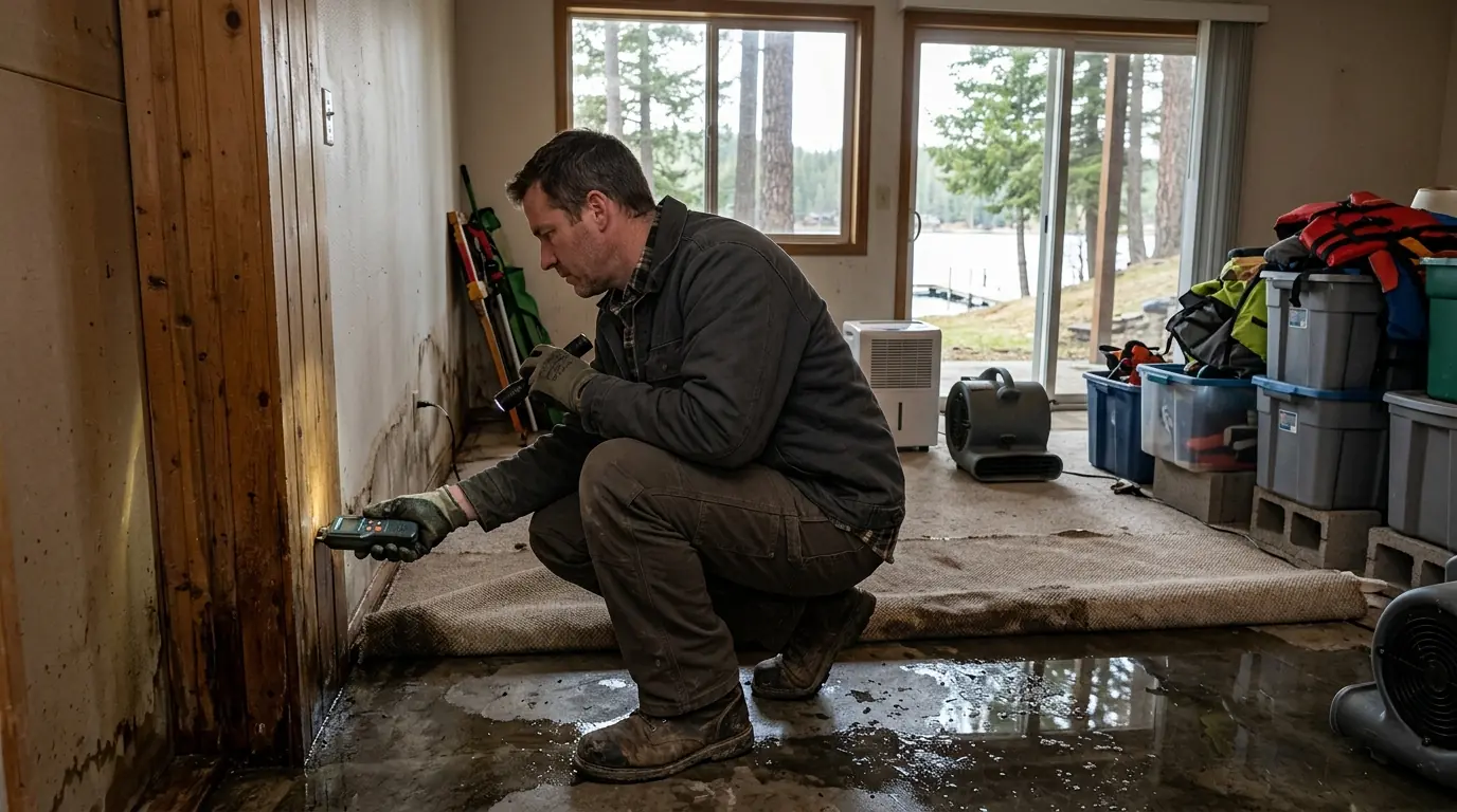 Checking a lakefront home after spring high water