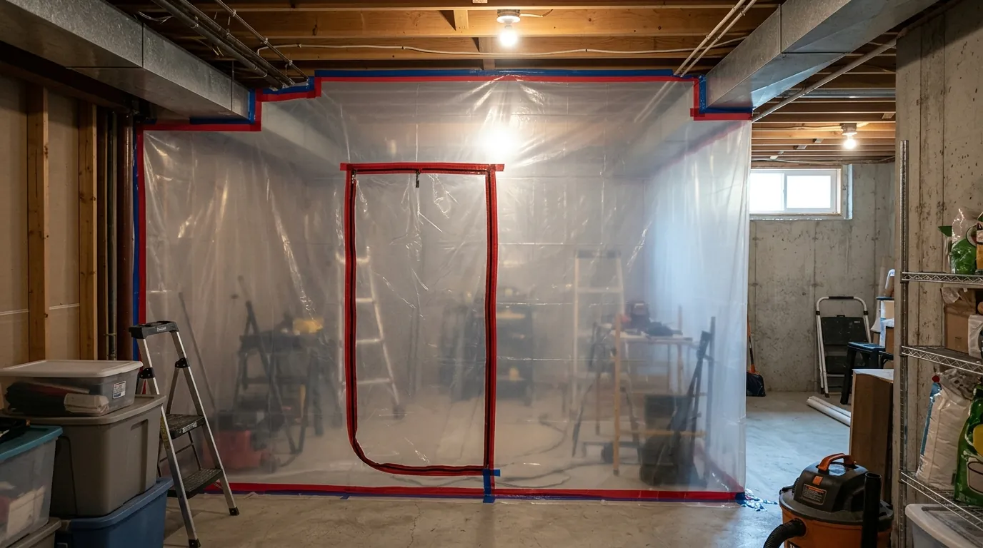 Plastic containment around a mold work area