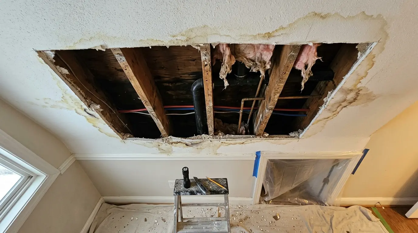 Ceiling section opened below an upstairs bathroom after an overflow