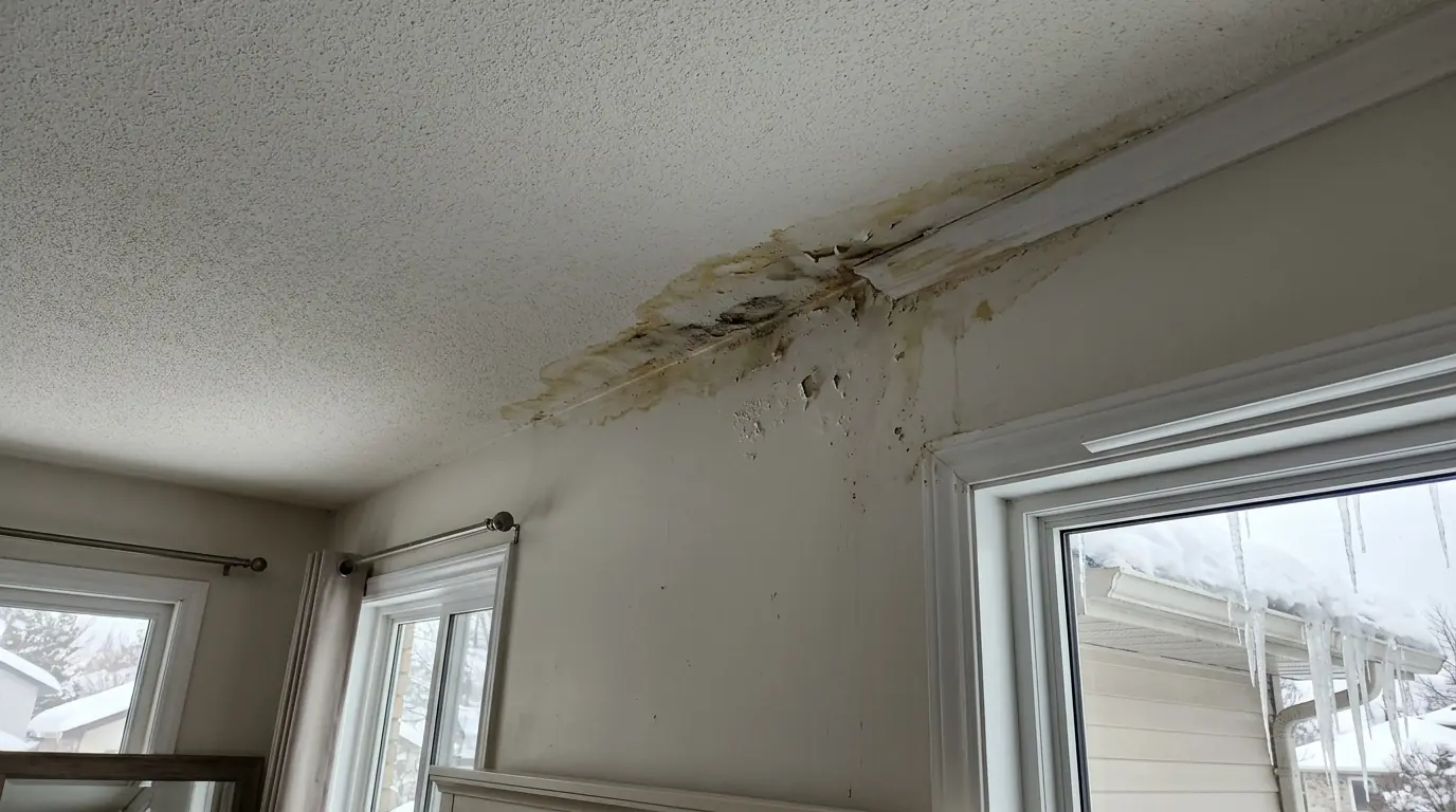 Ceiling and wall stain under an ice dam