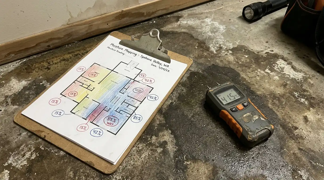 Moisture map and meter used to document a water damage claim