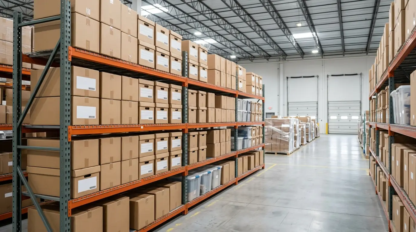 Labeled boxes in storage during repairs