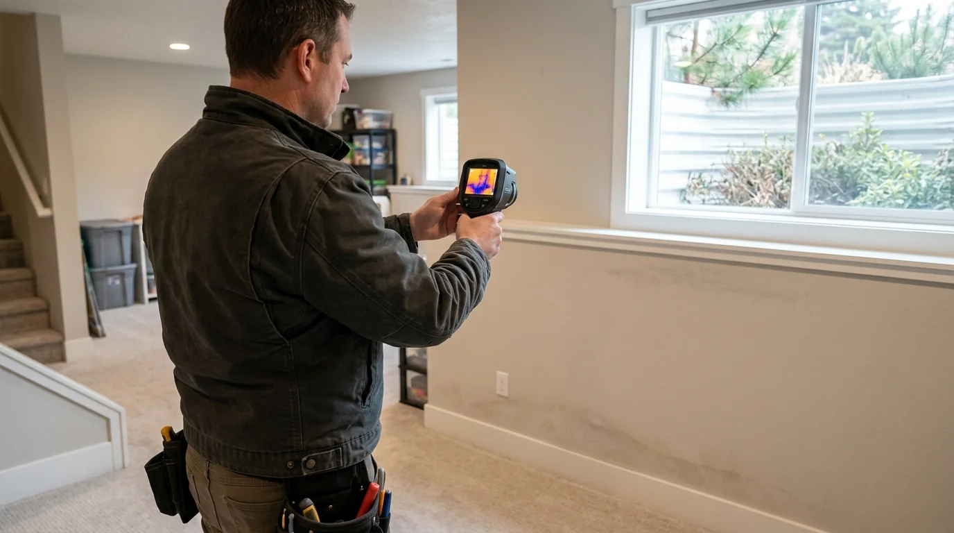 Thermal camera showing a cool moisture pattern on a finished basement wall