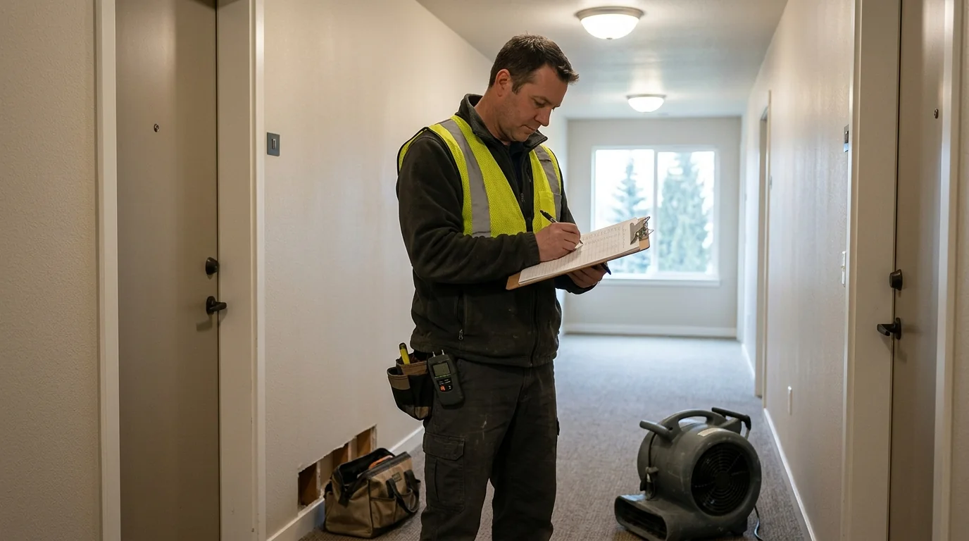 Recording moisture readings unit by unit in an apartment hallway