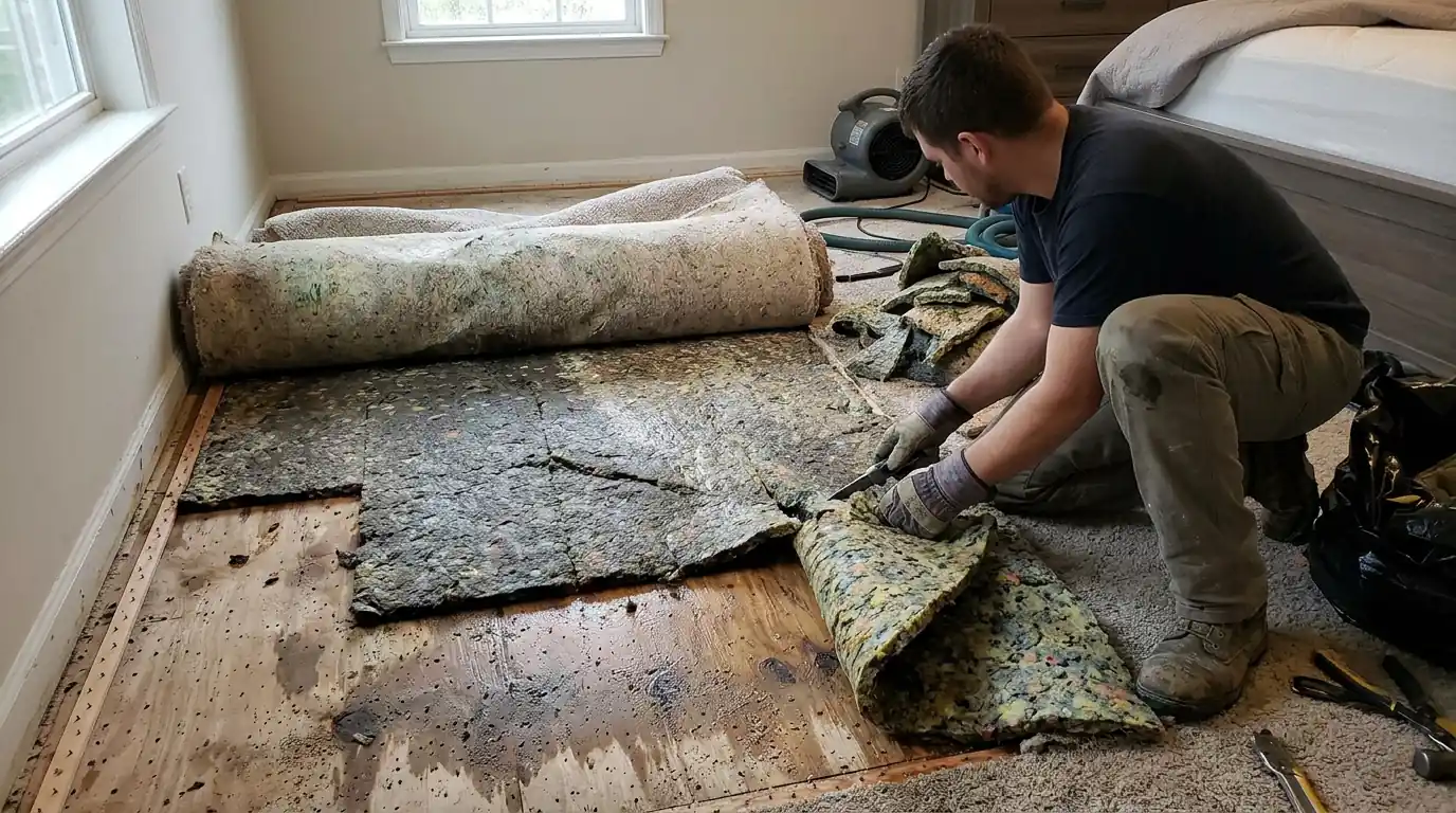 Soaked carpet pad removed after extraction