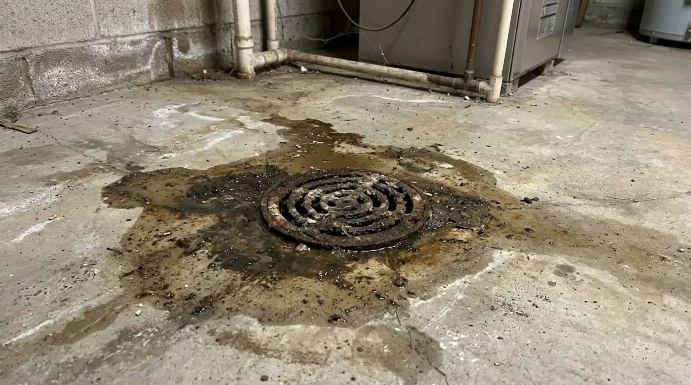 Floor drain where sewage backed up onto a basement slab