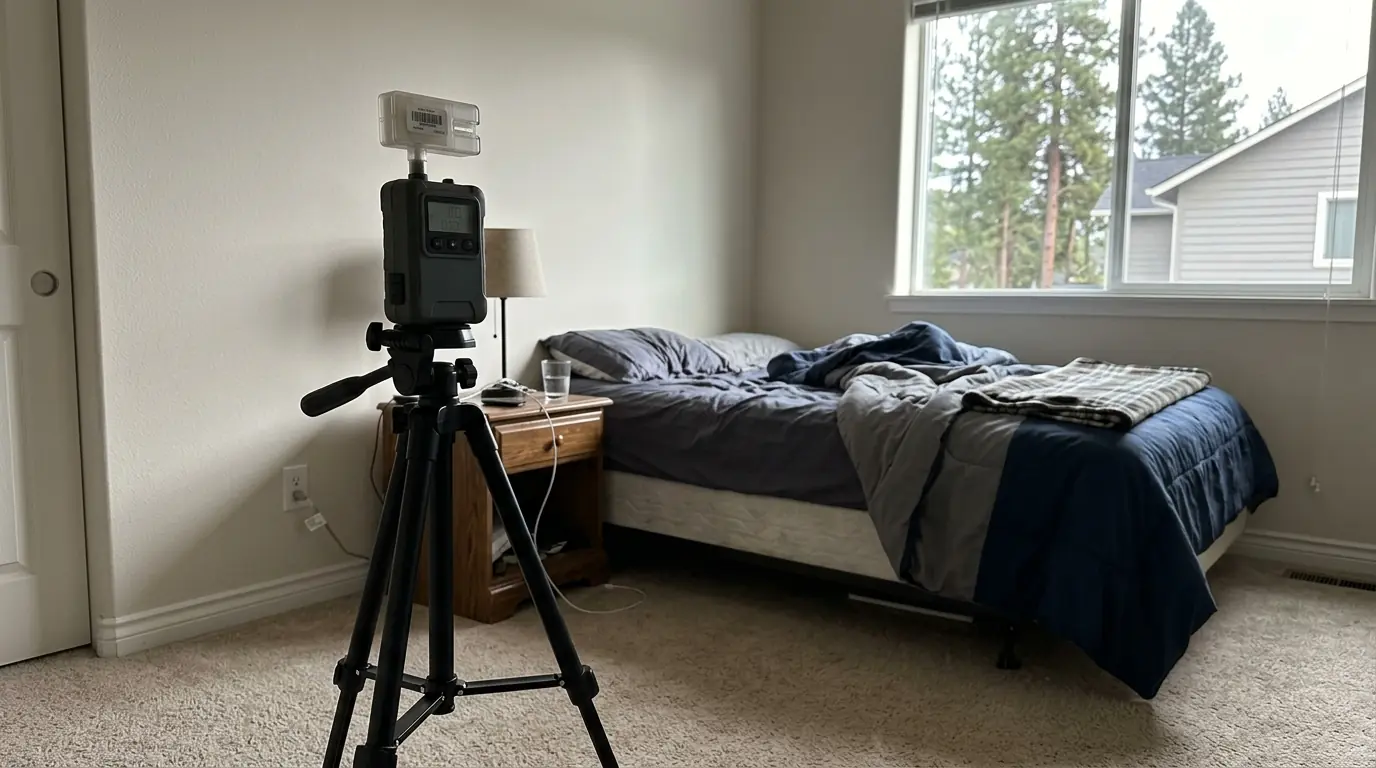 Air sampling pump and spore trap cassette set up in a bedroom