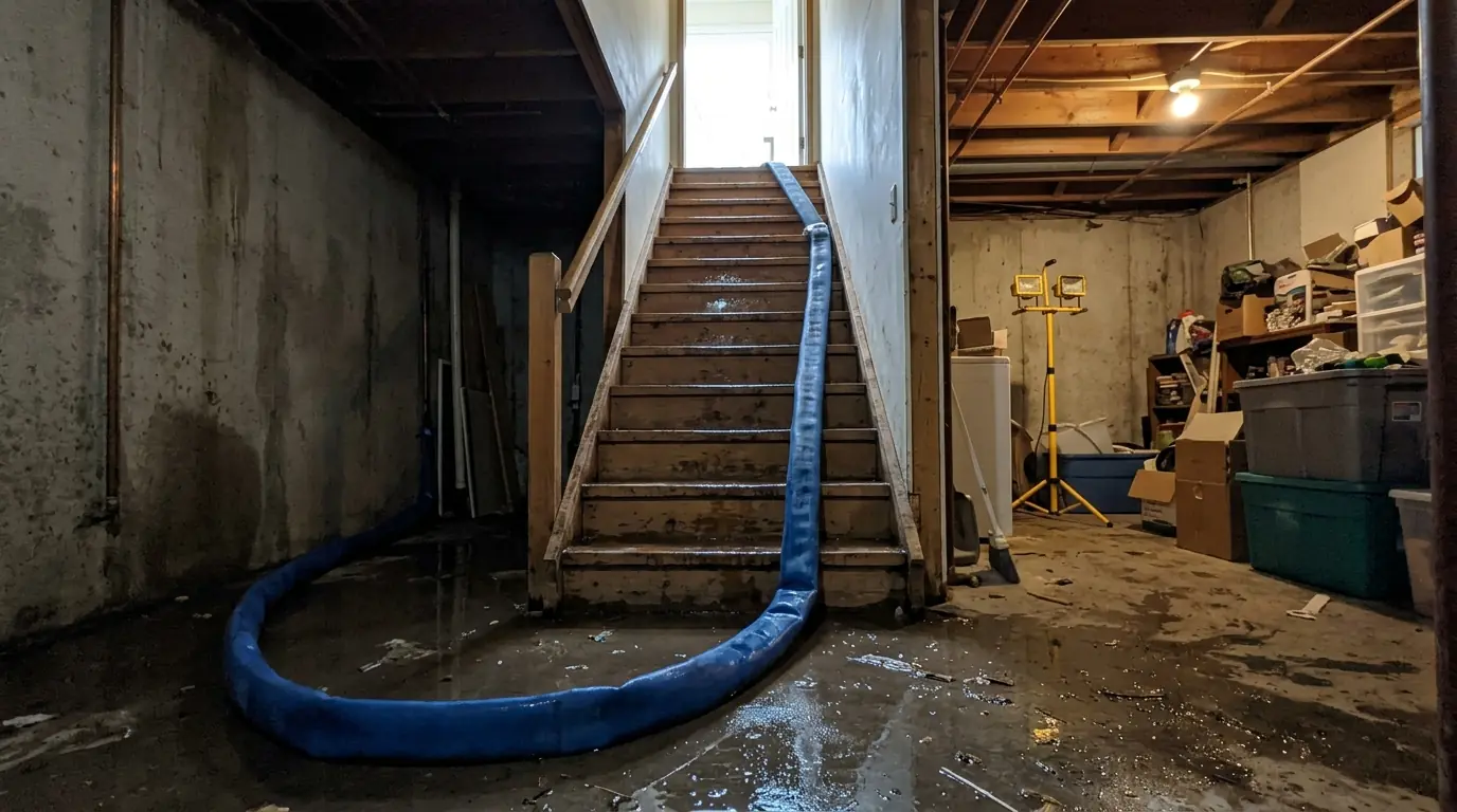 Pump hose running out of a flooded basement