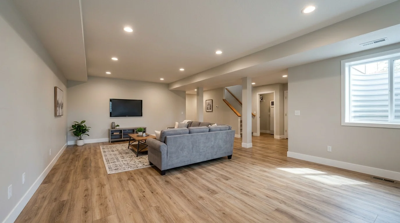 Finished basement rebuilt after water damage
