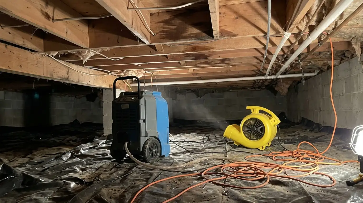 Dehumidifier drying joists in a crawl space