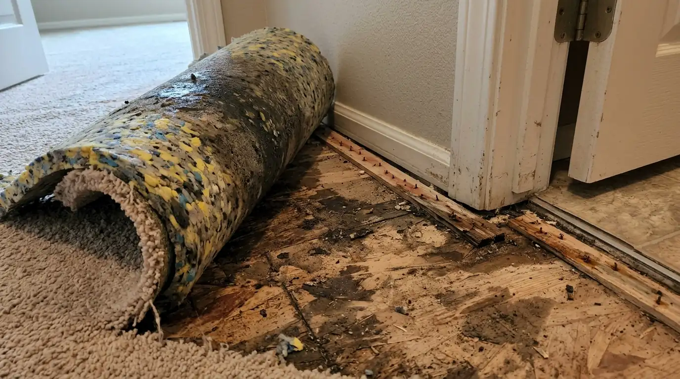 Carpet and pad rolled back to the tack strip at a bathroom doorway