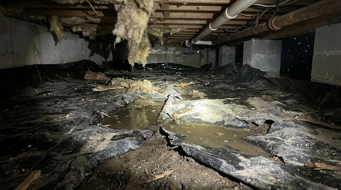 Standing water on a torn vapor barrier in a crawl space