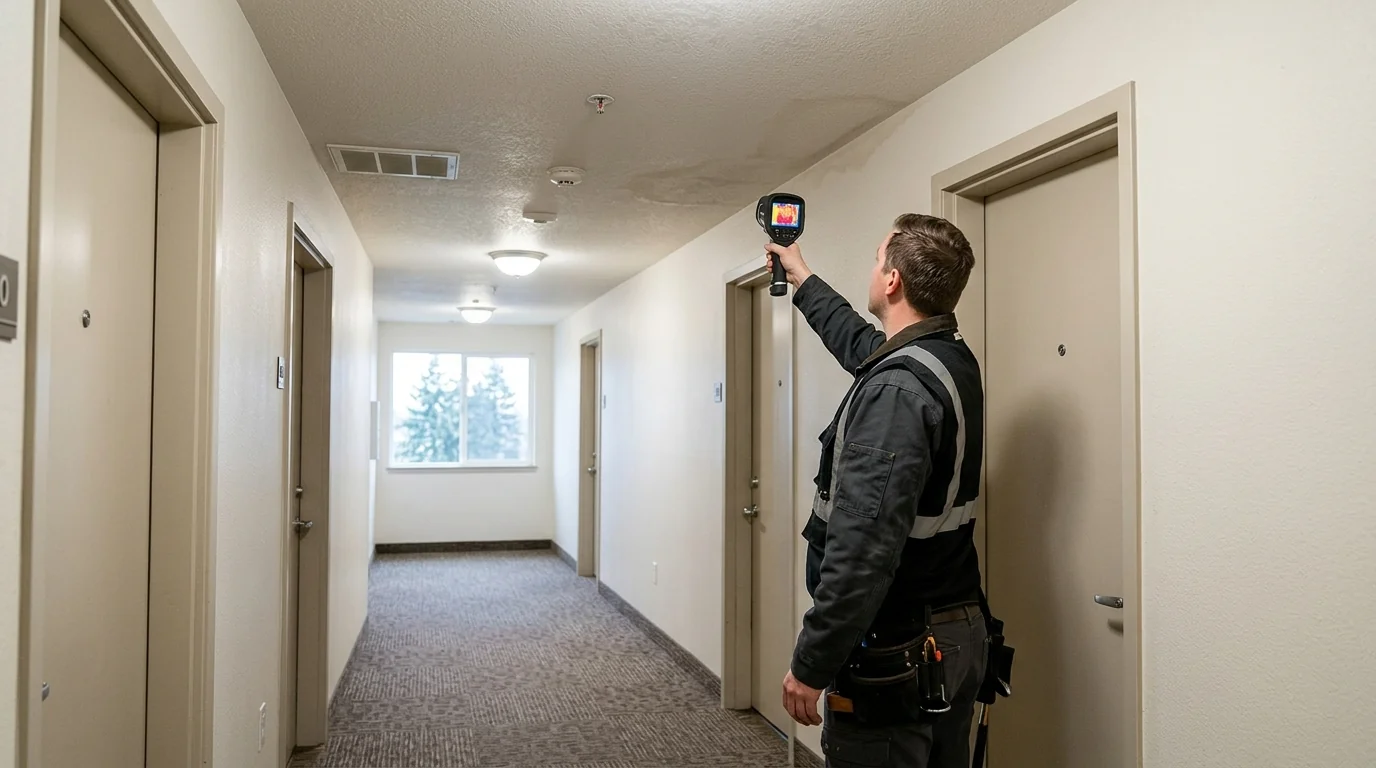 Thermal camera tracing a leak in an apartment hallway