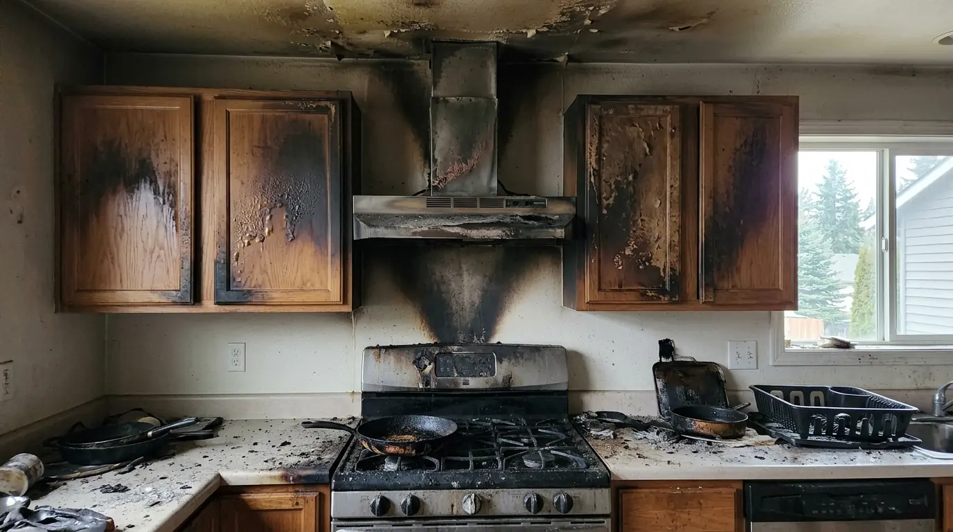Burned stove area and smoke-stained cabinets after a kitchen fire