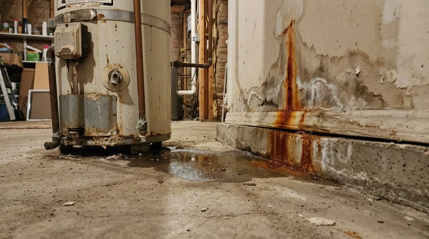 Rust and a damp wall base beside a slowly leaking water heater