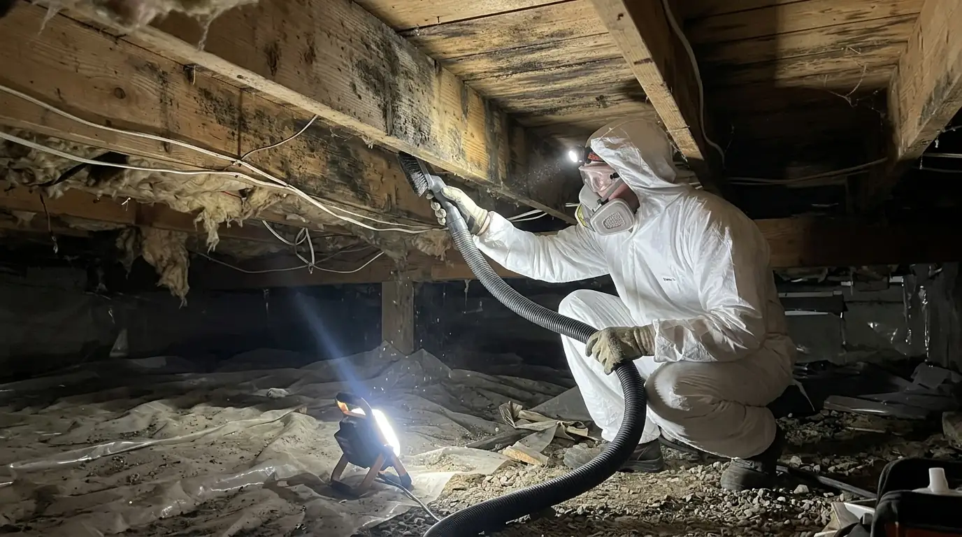HEPA vacuuming mold from crawl space joists