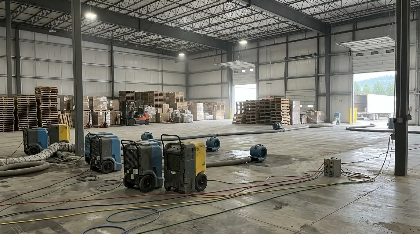 Dehumidifiers drying a warehouse slab