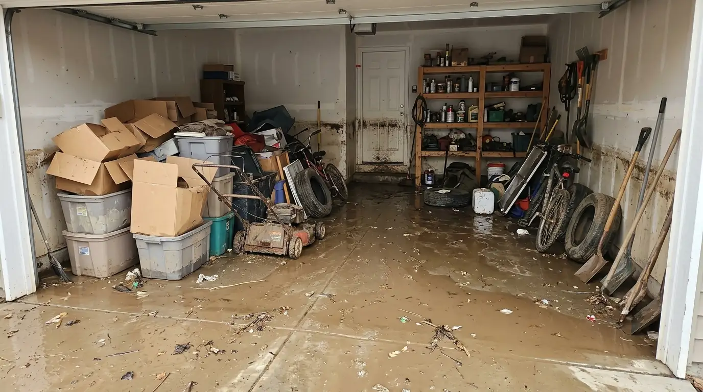 Muddy flood water receding from a garage