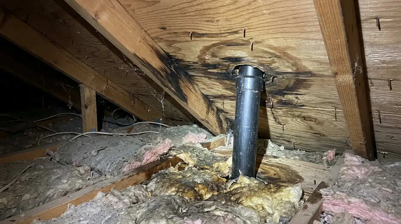 Leak at a plumbing vent boot in the attic