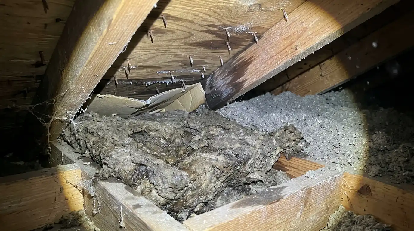 Wet blown-in attic insulation along the eaves