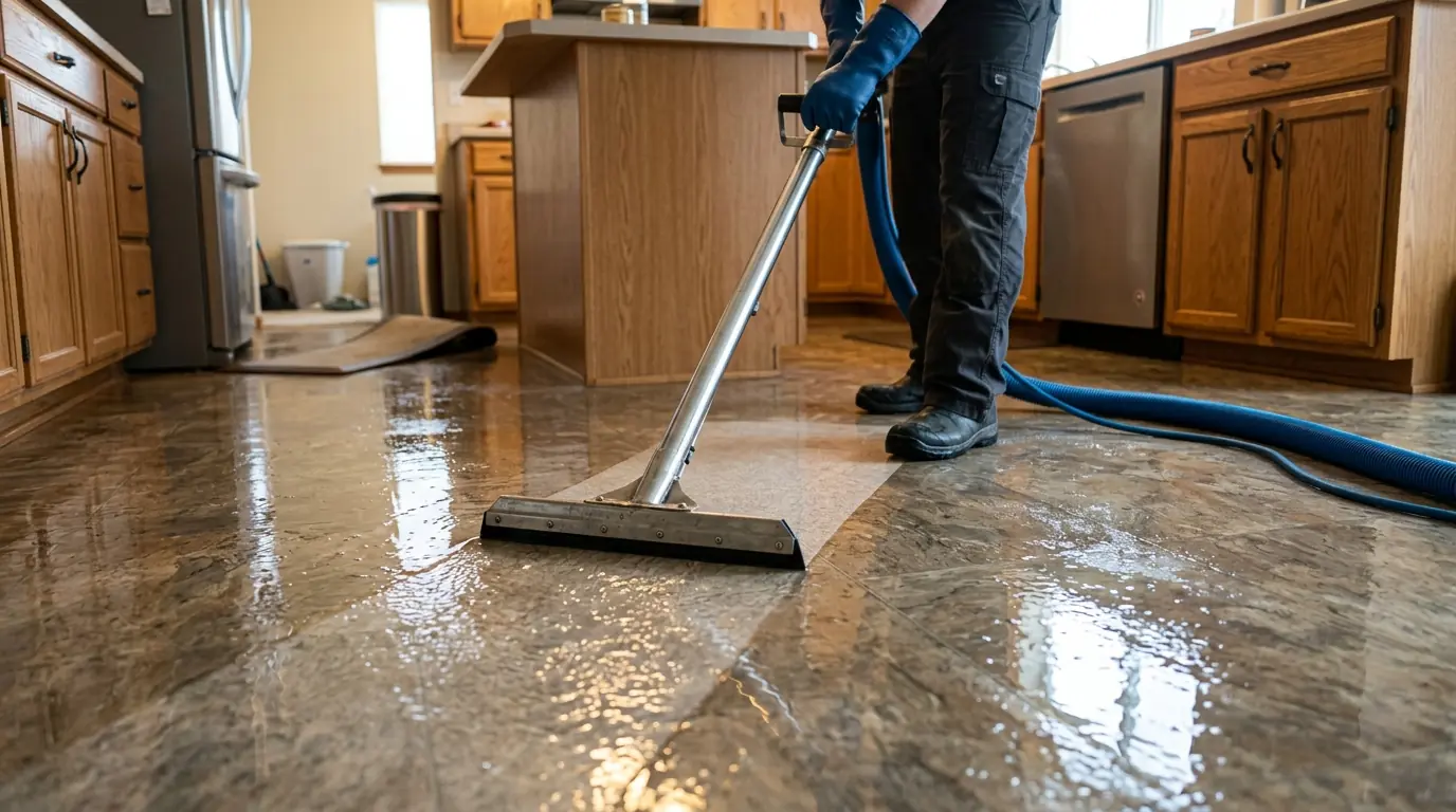Removing water from a vinyl kitchen floor