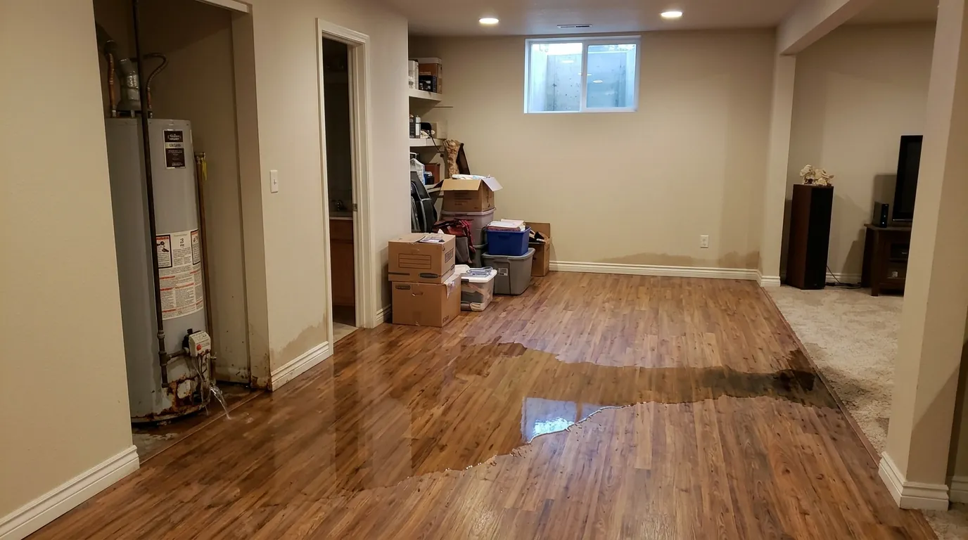Water spreading across a basement floor from a failed water heater