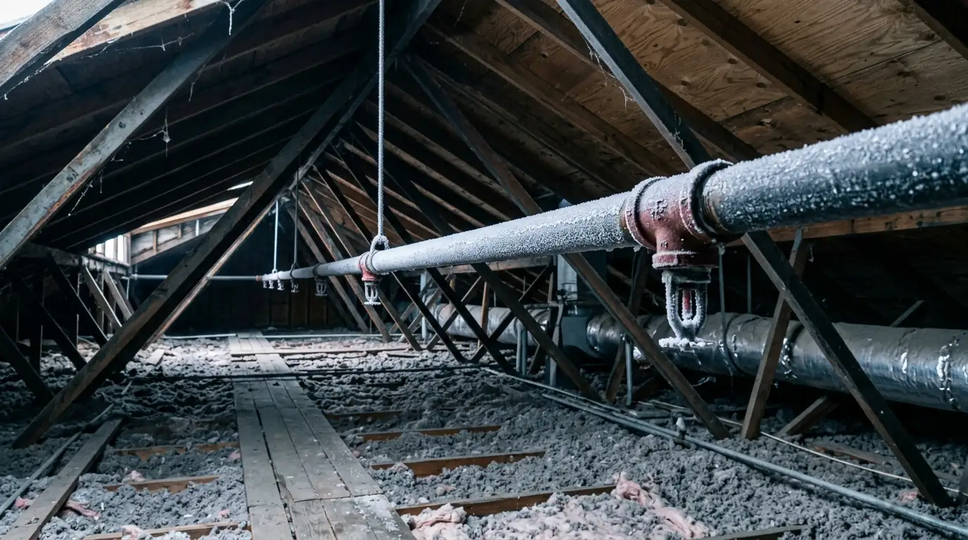 Frost on a sprinkler pipe in a cold attic
