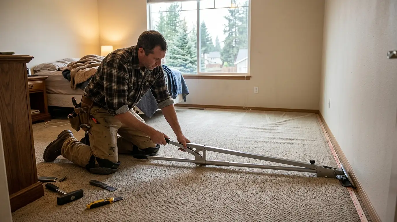 Re-stretching dried carpet with a power stretcher