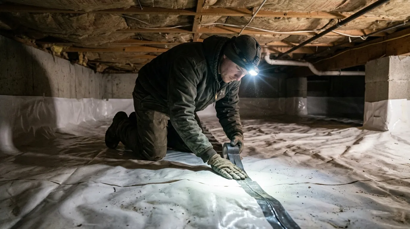 Taping the seams of a crawl space liner