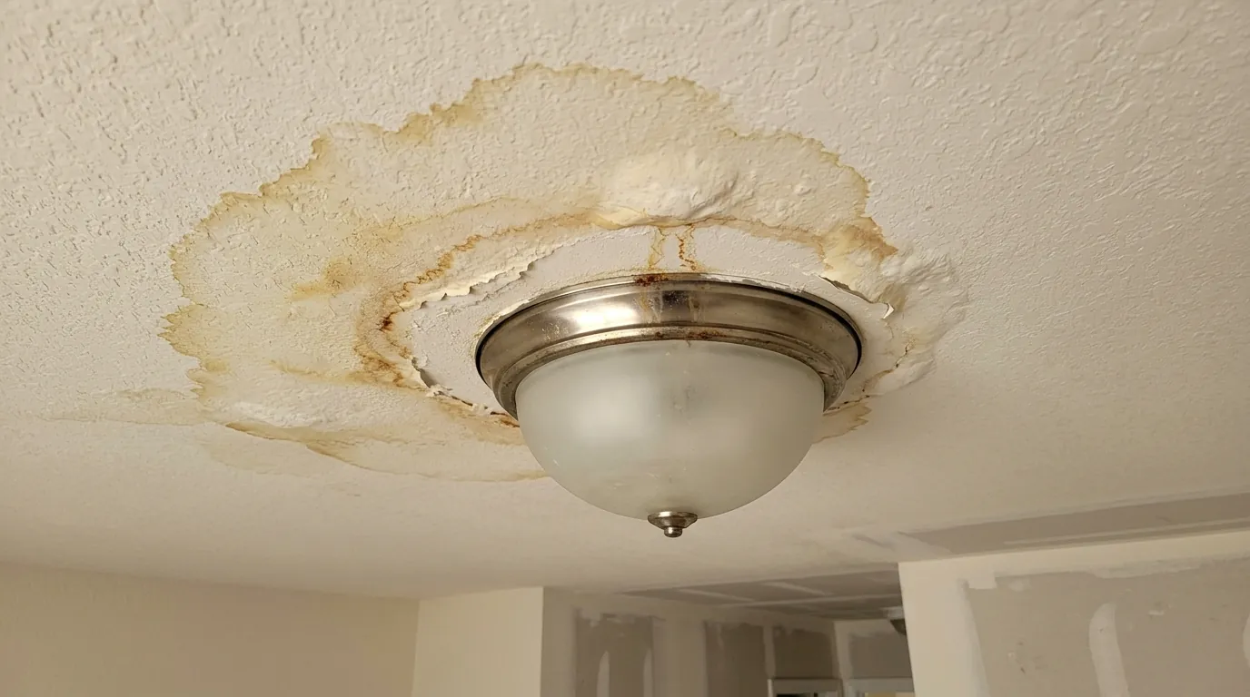 Ceiling stain below an upstairs bathroom