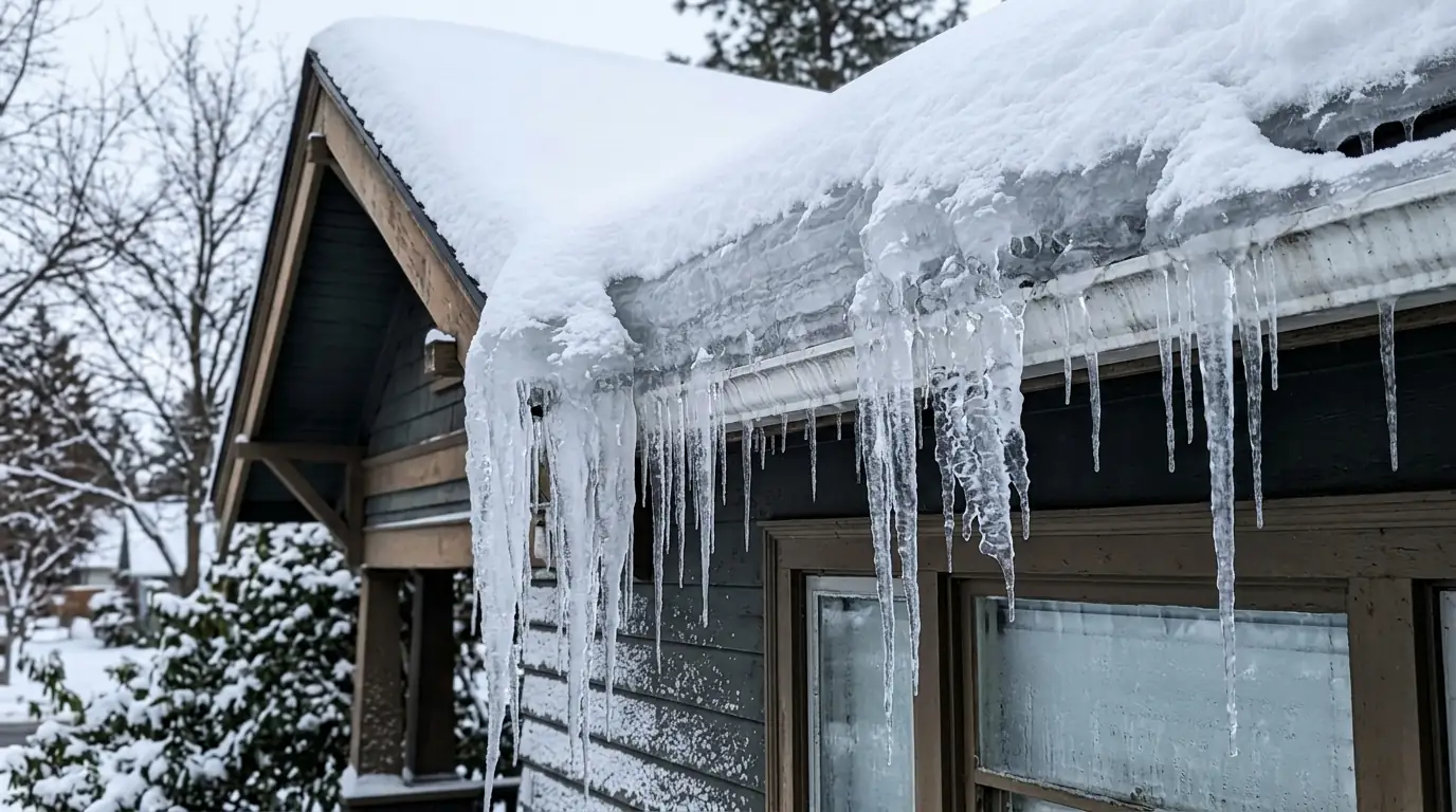 A thick ice dam along a snowy eave