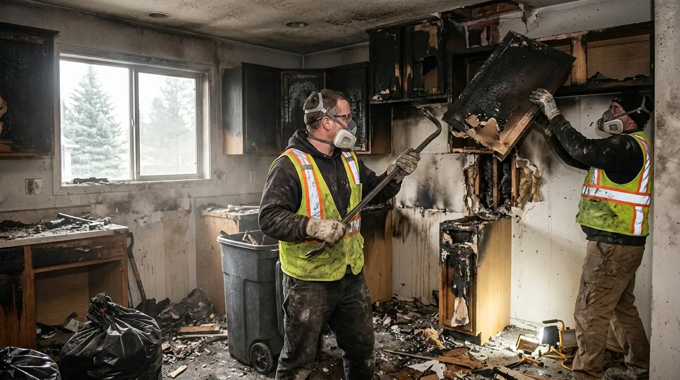 Removing charred kitchen cabinets after a house fire