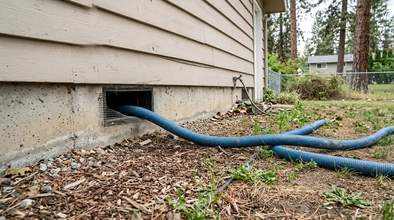 Pump hose running out of a crawl space vent