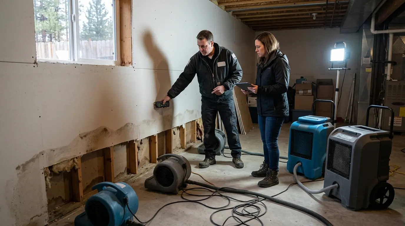 Adjuster and technician reviewing drying equipment in a basement