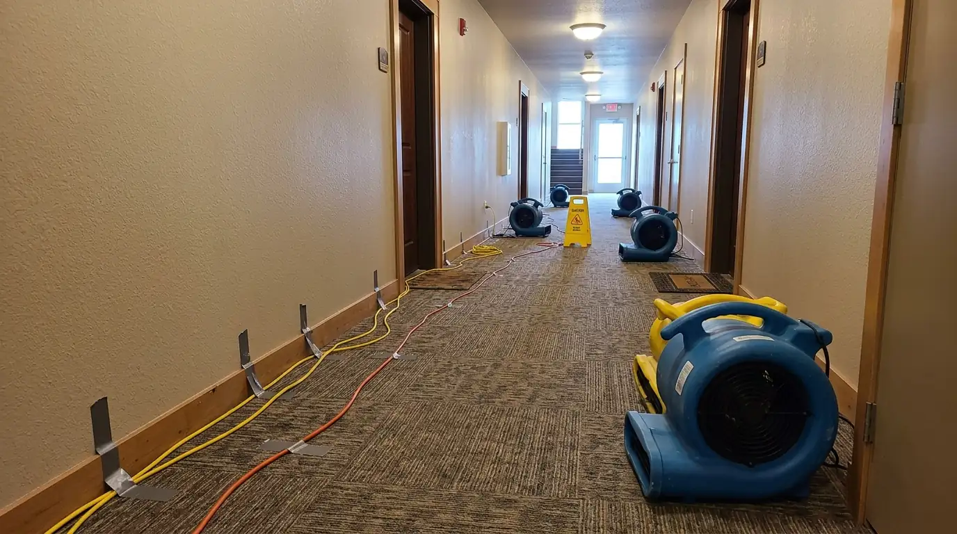 Drying a carpeted apartment corridor with cords taped down