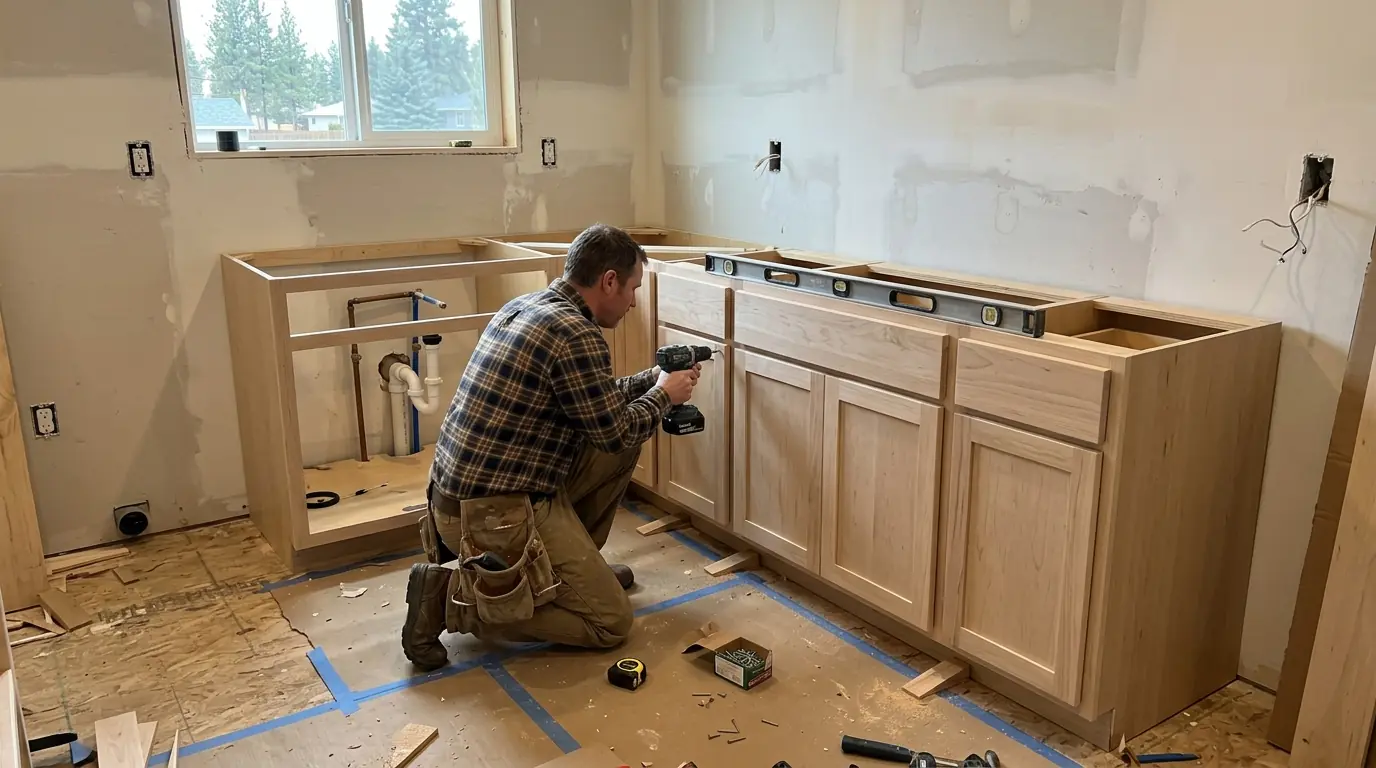 Installing new base cabinets in a rebuilt kitchen