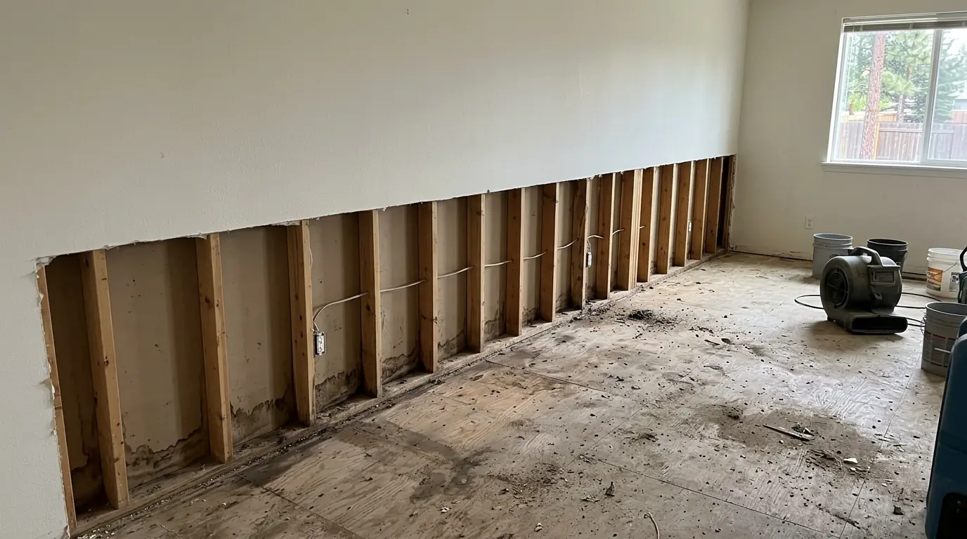 Drywall cut above a flood water line