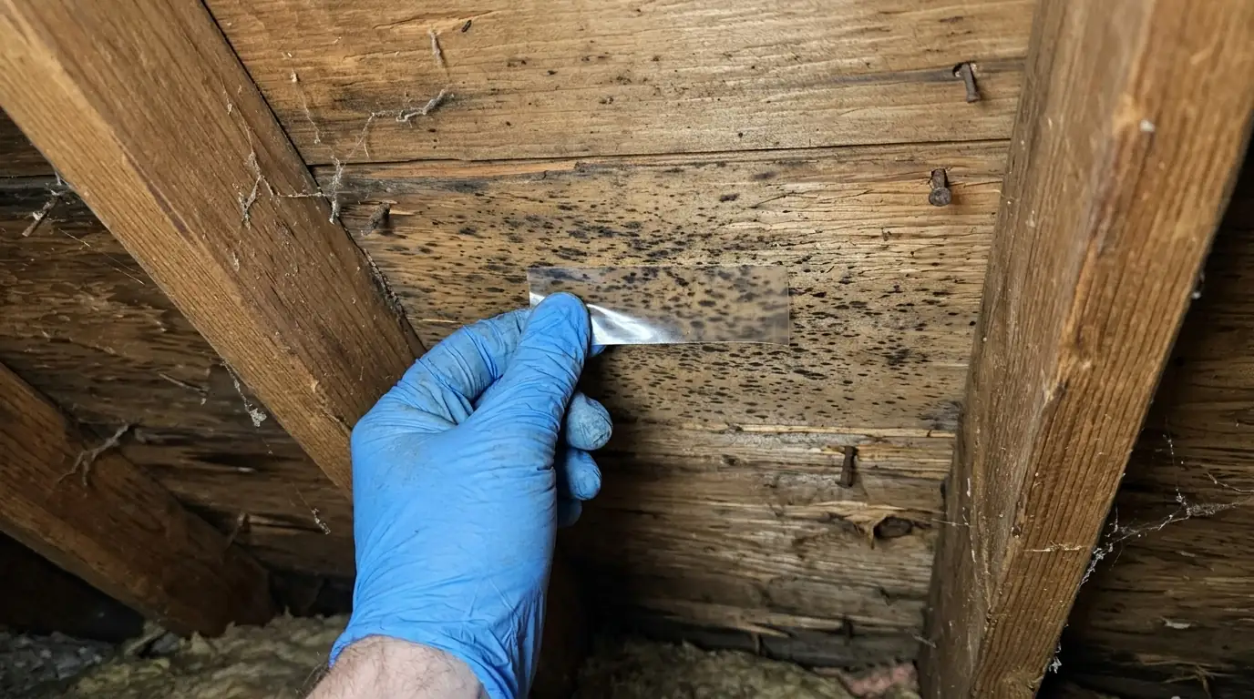 Tape lift sample taken from dark spotting on attic sheathing