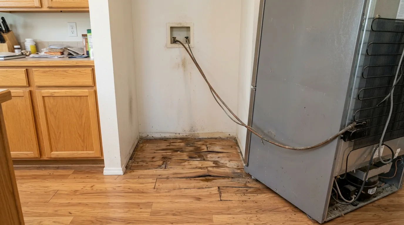 Cracked ice maker line behind a refrigerator
