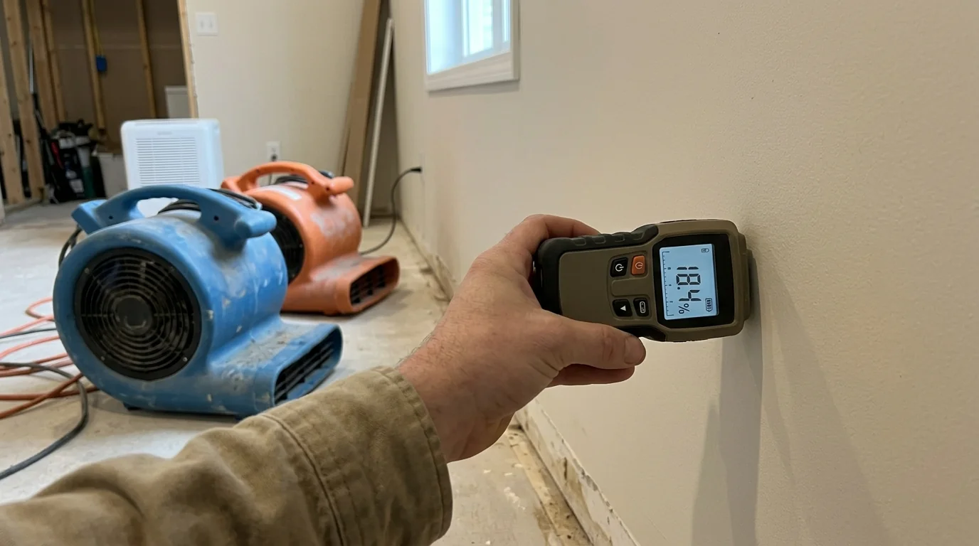 A moisture meter reading on a drying wall