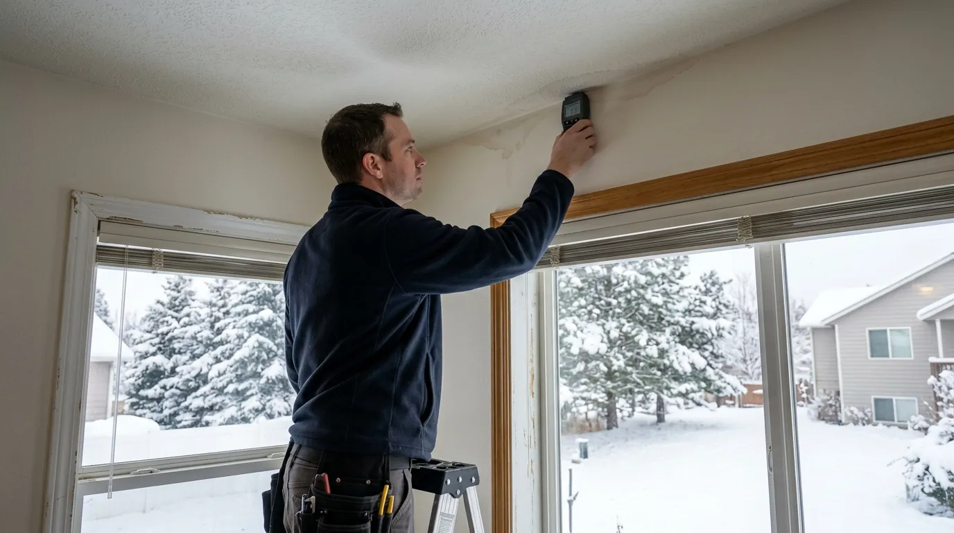 Checking a ceiling corner above a window with a moisture meter