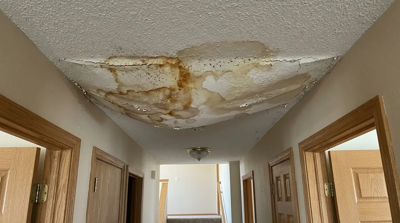 Sagging water-stained ceiling between joists