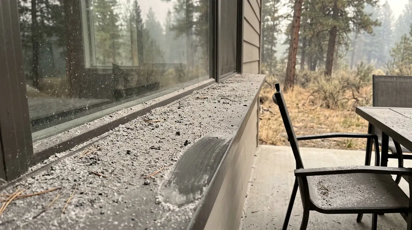 Wildfire ash on a window sill and patio furniture