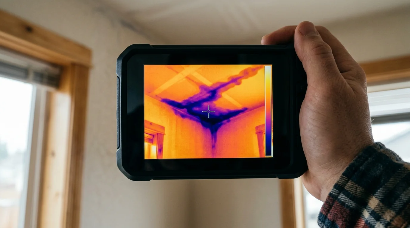 Thermal camera showing a moisture pattern on a ceiling